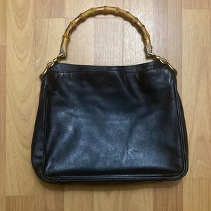 Vintage GUCCI Black Leather and Bamboo Handle Tote Shoulder Bag Purse